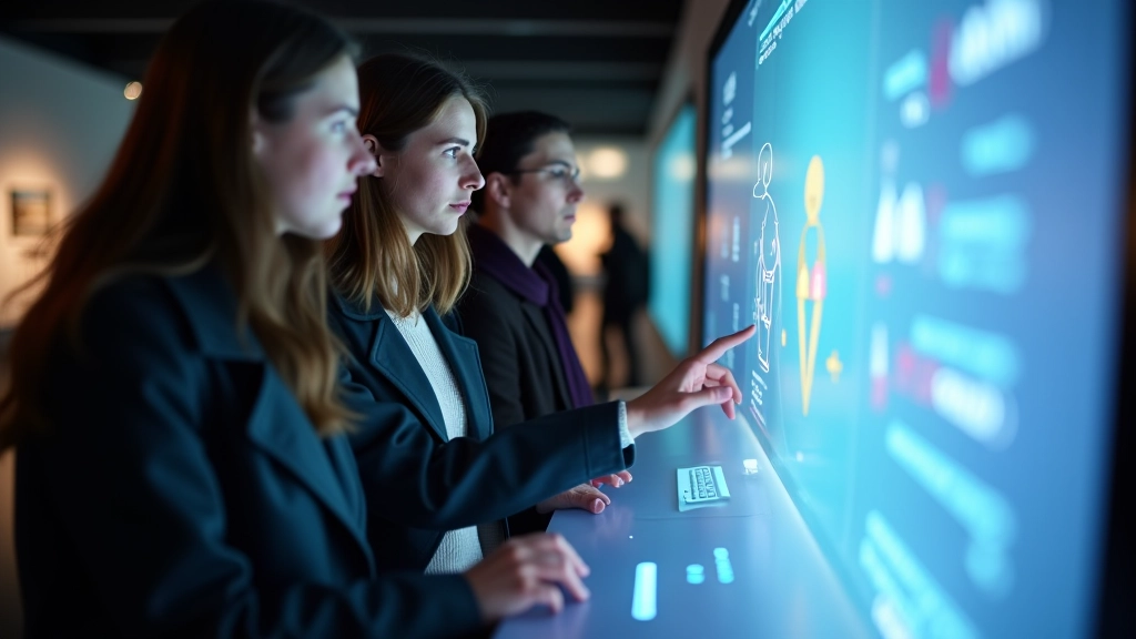 Muuseumi külastajad kasutavad interaktiivset ekraani ja digitaalset näitust