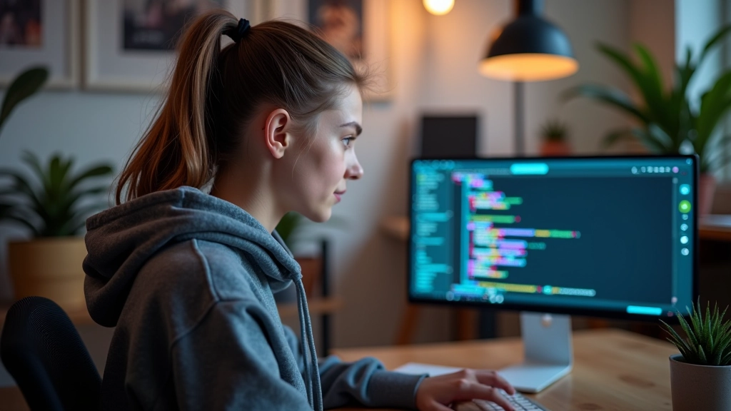 Tüdruk arvutiekraanil programmeerib lihtsat 2D-mängu, värvikad koodid nähtavad